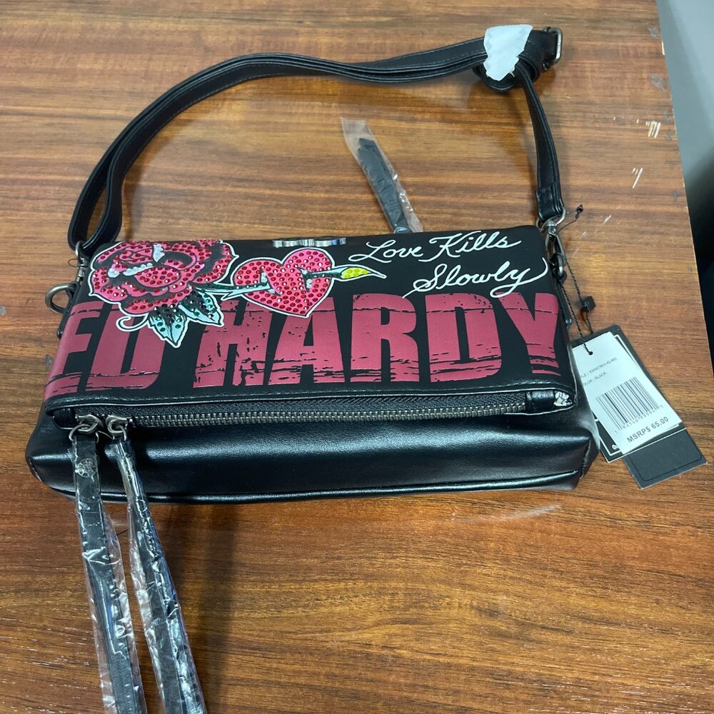 Ed Hardy Love Kills Slowly Black/Red Handbag with Detachable Cross Body Strap
